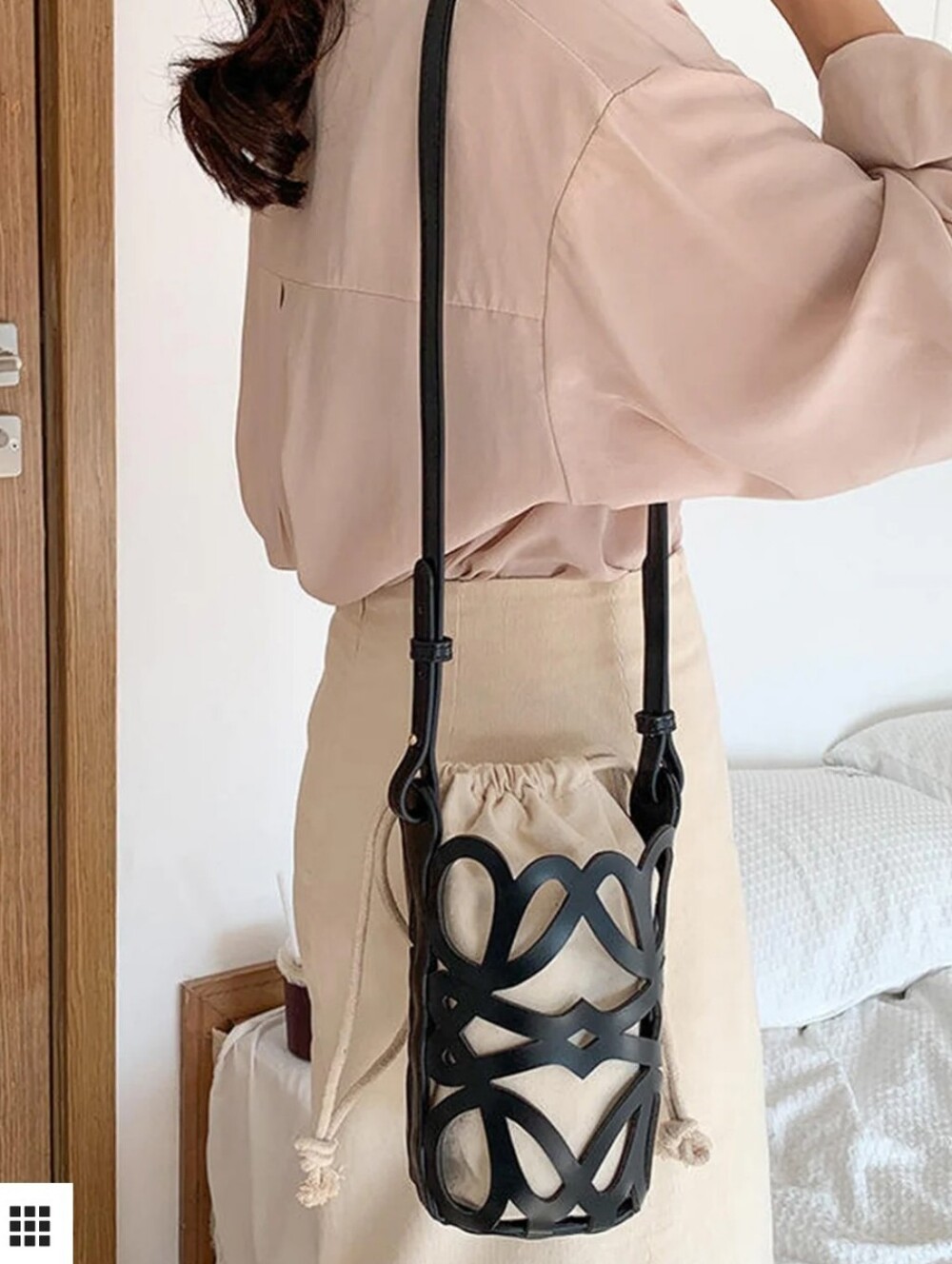 crossbody Bucket Bag with White Canvas Insert - Picture 5 of 7